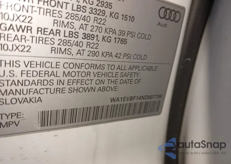 2022 Audi Q8 Premium Plus 55 Tfsi Quattro Tiptronic из США, поврежденный, VIN WA1EVBF14ND007756